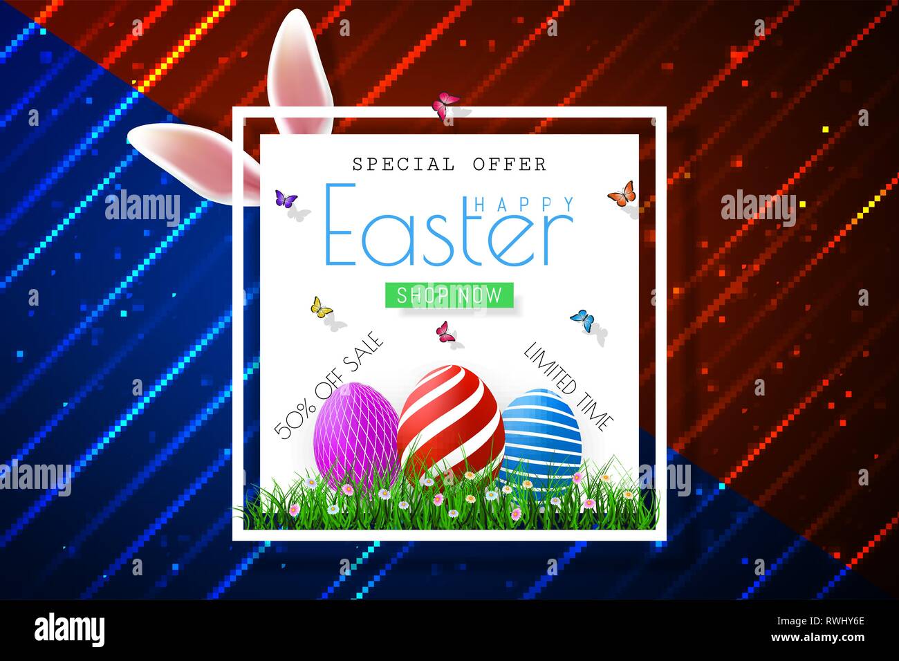 Happy Easter sale banners with realistic Easter rabbir`s ears, vector. Stock Vector
